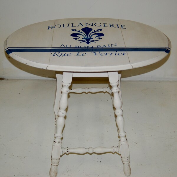 Vintage Drop Leaf Side Table Chalk Painted and Hand Stenciled