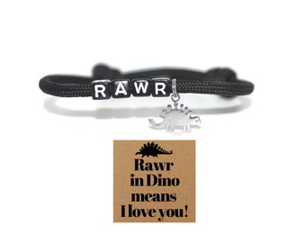 Rawr letter beads and stainless steel dinosaur charm paracord bracelet and dino note card