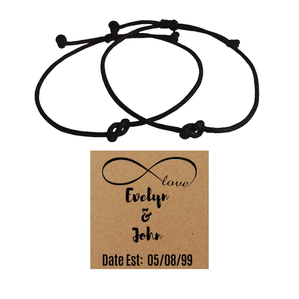 Set of 2, thin infinity waxed cotton cord bracelet and customize couples, friendship love note card