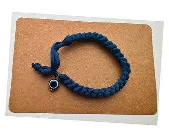 Navy Jersey Yarn Crocheted Adjustable Evil Eye Protective Charm Bracelet