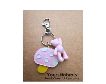 Pink Mushroom & Acrylic Bear Keychain —  Kawaii Bag Charm