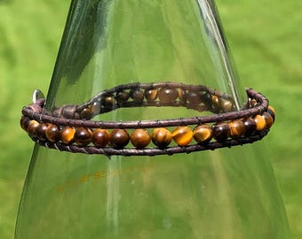 Tiger’s Eye Leather Wrap Bracelet with Stainless Steel Button, Tiger's Eye Bracelet, Leather Wrap Bracelet