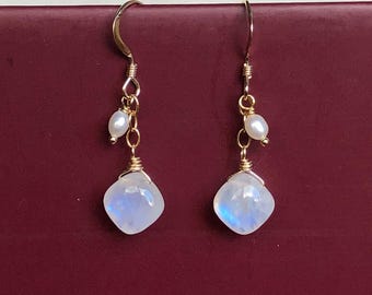 Rainbow Moonstone Cushion and Pearl Earrings with Gold Filled Chain - June Birthstone Jewelry, Gold Filled Earrings