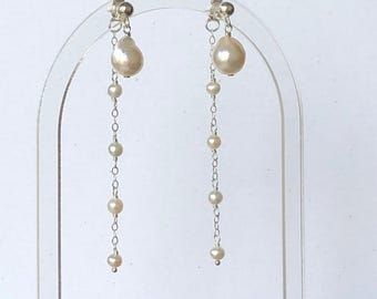 Baroque Pearls Long Chain Back Sterling Silver Earrings – Handmade Pearl Earrings – Sterling Silver Jewelry