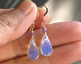 Opalite & Amethyst Gold Filled Earrings – Elegant Dangle Earrings, Minimalist Gemstone Jewelry, Gold Filled Earrings