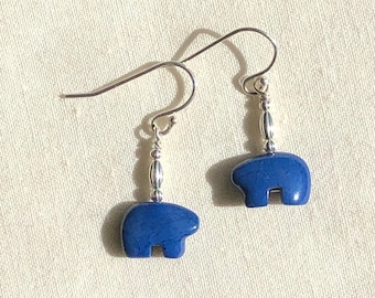 Lapis Lazuli Zuni Bear & Sterling Silver Earrings, Healing Stone Earrings, Bear Earrings, Blue Bear Charms