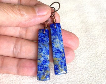 Rectangular Lapis Lazuli Drop Earrings, Blue Stone Earrings, Healing Stone, Long Earrings, Niobium Earrings, Boho Style