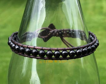 Shungite Leather Wrap Bracelet with Metal Button, Shungite Bracelet, Leather Wrap Bracelet, EMF Protection