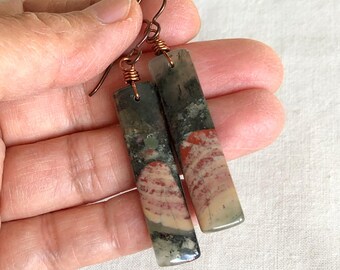 Rectangular African Bloodstone Drop Earrings, Healing Stone, Long Earrings, Niobium Earrings, Boho