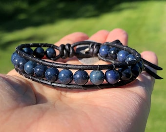 Dumortierite Leather Wrap Bracelet with Silver Metal Button, Dumortierite Bracelet, Leather Wrap Bracelet