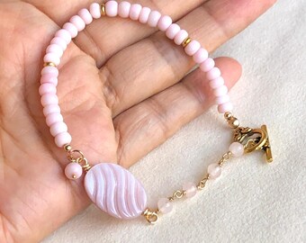 Peruvian Pink Opal Bracelet, Rose Quartz & Mother of Pearl, Gold Accents, Pink Bracelet, Gift for her