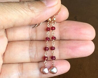 Garnet & Pearl Earrings, Red Earrings, Long Earrings, Dainty Earrings, Minimalist Earrings, January Birthstone, Gold Filled Earrings