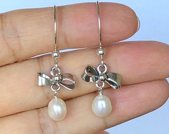 Elegant Pearl and Silver Bow Earrings - White Pearls in Sterling Silver