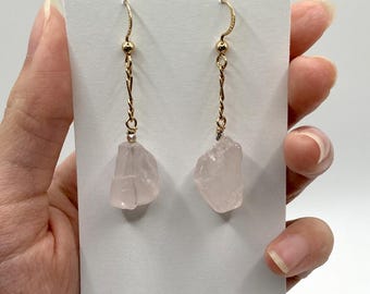 Raw Rose Quartz Hand Cut Earrings Gold Filled – Dangle Earrings, Boho Rose Quartz Jewelry, Elegant Gold Earrings