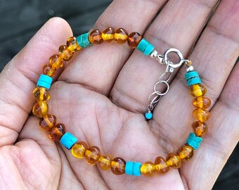 Amber and Turquoise Bracelet, Healing Bracelet, Sterling Silver Clasp