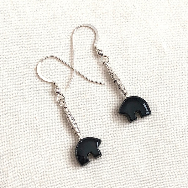 Black Zuni Bear Earrings, Black Bear Earrings, Black Stone Earrings, Long Earrings, Drop Earrings, Boho Earrings, Sterling Silver Earrings