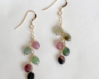 Watermelon Tourmaline Cluster Gold Filled Earrings – Handmade Gemstone Dangle Earrings – Gold Filled Jewelry