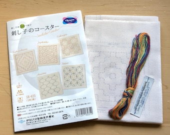 Olympus Sashiko Coaster Kit, Ivory Cotton Fabric Coaster, Threads & Needle, Japanese Traditional Embroidery, Slowstitching Kit