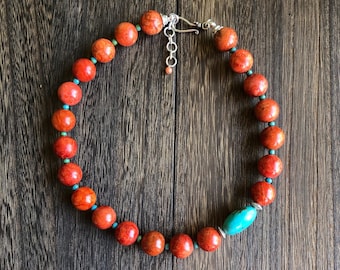 Handmade Red Coral Necklace with Turquoise & Sterling Silver – Boho Jewelry, Adjustable Length, Unique Gift for Her
