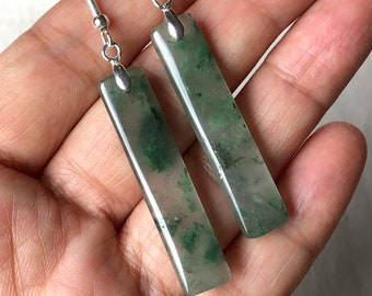 Green Jade Earrings, Rectangle Earrings, Long Earrings, Drop Earrings, Green Stone Earrings, Boho Earrings, Sterling Silver Earrings