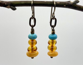 Amber & Turquoise Niobium Earrings – Boho Gemstone Earrings, Dangle Earrings, Antique Brass Jewelry