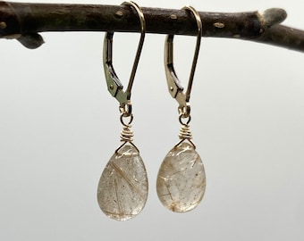 Golden Rutilated Quartz Gold Dilled Earrings – Elegant Dangle Earrings, Gold Filled Gemstone Jewelry, Lever Back Earrings