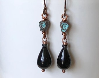 Black Onyx Teardrop with Patina Beads Earrings, Boho Style Earrings, Niobium Earrings, Hypoallergenic Earrings