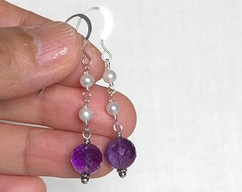 Amethyst Pearl Sterling Silver Long Earrings – Handmade Gemstone Dangle Earrings