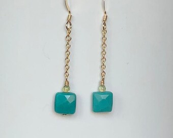 Turquoise and Peridot Gold Filled Chain Earrings,  Dainty Handmade Gemstone Earrings, Turquoise Earrings, Gold Filled Jewelry