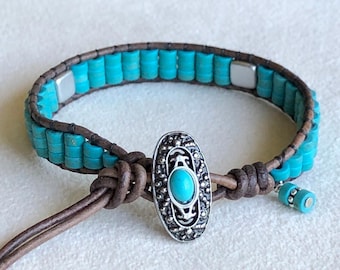 Turquoise color Stone & Silver Leather Wrap Bracelet with Metal Button, Turquoise Bracelet, Leather Wrap Bracelet