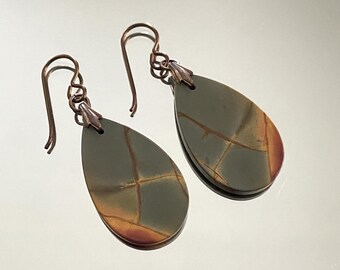 Red Creek Jasper Teardrop Niobium Earrings – Bold Gemstone Earrings, Antique Copper Jewelry, Dangle Earrings
