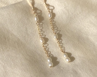 Small Rice Pearl & Gold Filled Chain Long Earrings – Elegant Dangle Earrings, Minimalist Pearl Jewelry