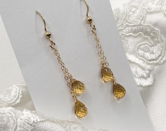 Citrine Teardrop Double Chain Earrings Gold Filled – Dangle Earrings, Elegant Gemstone Jewelry, Golden Earrings