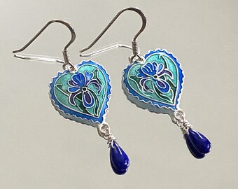 Blue Heart Lapis Lazuli Drop Earrings – Sterling Silver Enameled Charm Earrings, Boho Gemstone Jewelry