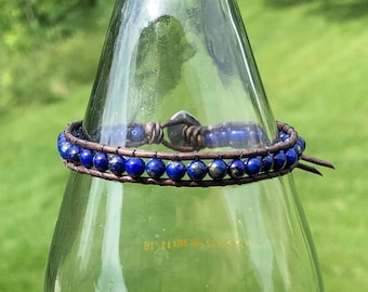 Lapis Lazuli Leather Wrap Bracelet with Stainless Steel Button, Lapis Lazuli Bracelet