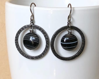 Black Onyx Circle Earrings with Niobium Hooks