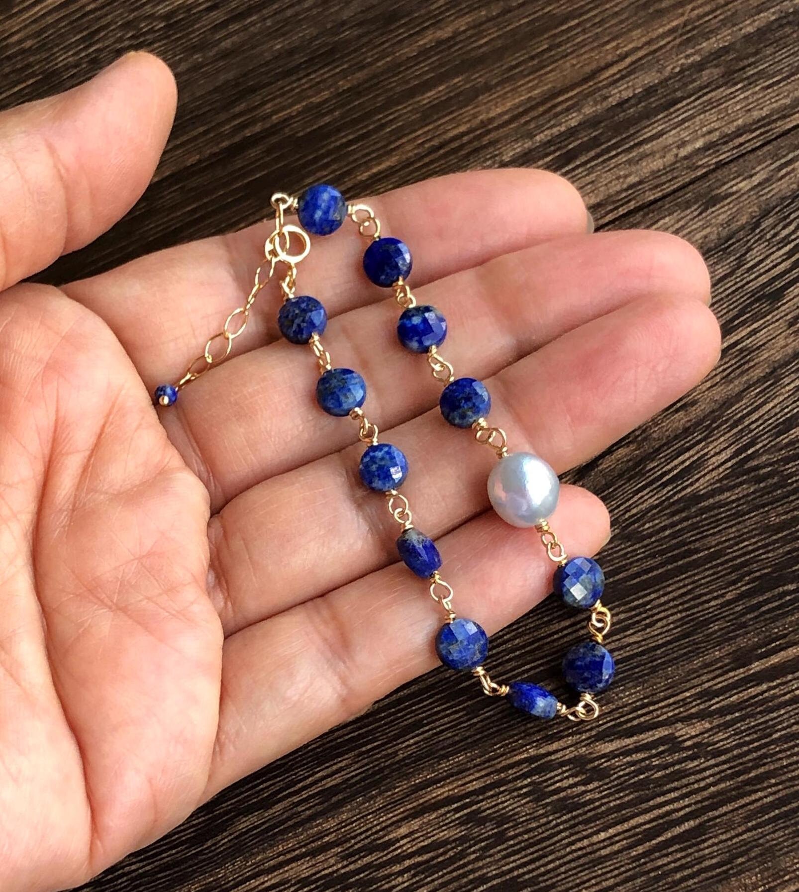 Lapis Lazuli & Baroque Pearl Gold Filled Bracelet - Unique Handmade Jewelry