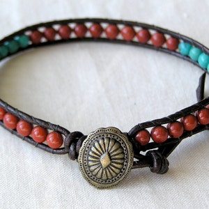 Turquoise Bracelet with Red Jasper Beads, Brown Leather Wrap, Adjustable Size:  6.5 to 7.25 Inches