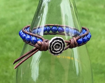 Lapis Lazuli Leather Wrap Bracelet with Metal Button, Lapis Lazuli Bracelet