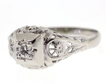 Vintage Engagement Ring, Art Deco Filigree White Gold Diamond Wedding Ring