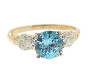 Vintage Blue Zircon Ring, Mid Century Blue Zircon Ring, Yellow Gold December Birthstone Ring