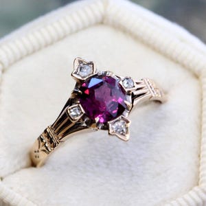 Antique Rhodolite Garnet Ring, Edwardian Rose Gold Garnet & Diamond Ring, January Birthstone