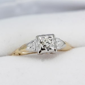 Vintage Dainty Engagement Ring, Mid Century Two Tone Diamond Ring