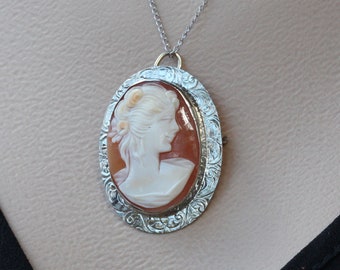 Vintage Cameo Pendant, White Gold Cameo Pin Pendant, Hand Engraved Carved Shell Cameo
