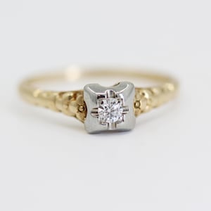 Vintage Dainty Engagement Ring, Mid Century Two Tone Diamond Ring