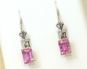Pink Tourmaline Earrings, Custom White Gold Tourmaline Dangle Earrings, Handmade Pink Tourmaline Leverback Earrings