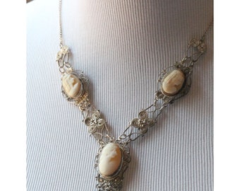 Vintage Cameo Necklace, Silver Cameo Filigree Necklace, Hand Engraved Carved Shell Cameo