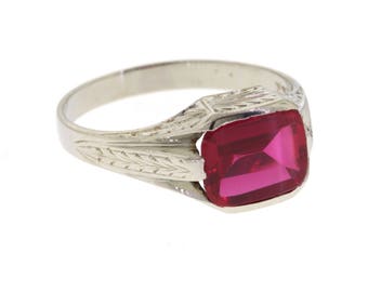 Vintage Art Deco Ruby Ring, Antique Hand Engraved Men's Ring, White Gold Simulated Ruby Ring