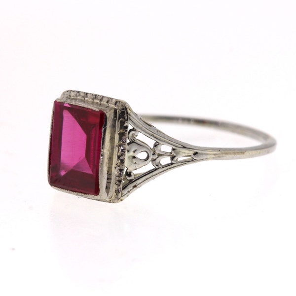 Art Deco Ruby Ring, Vintage Filigree Ruby Ring, White Gold Synthetic Ruby