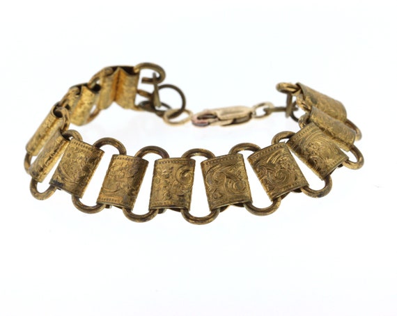 Vintage Gold Filled Link Bracelet, Edwardian Flor… - image 1